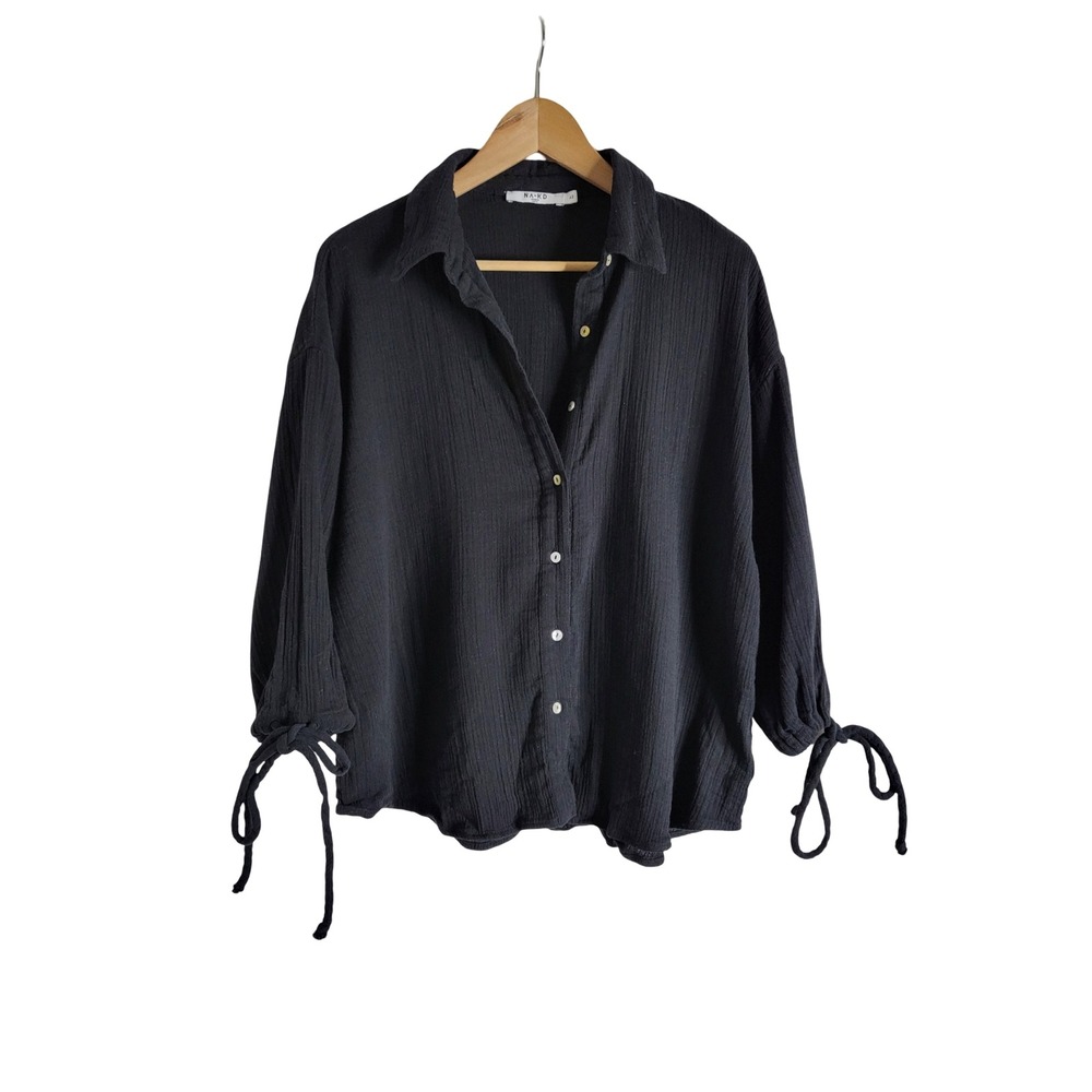 NA-KD Black Cotton Gauze Tie Cuff Button Down Shirt Size 42 L/XL Coastal Casual